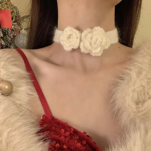 Rose Blumen Choker Halskette Handgestrickte Wolle Stoff Verstellbare Kette Süßer Eleganter Schmuck Für Damen Mädchen