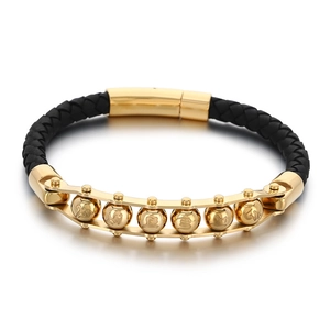 Punk braided leather bracelet with golden skull and six-word mantra spinning beads