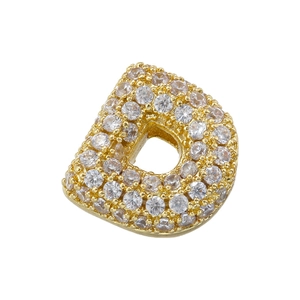 Detailed macro view of gold-plated 5A zircon bubble letter D pendant with micro-pave crystals