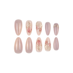 Almond shaped cat eye press-on nails with 3D gold rose floral relief in nude pink