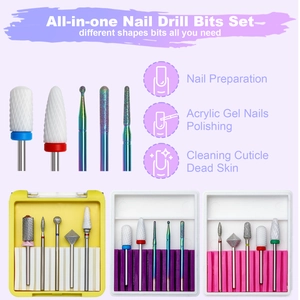 Macro shot of professional nail drill bit set with ceramic and tungsten steel tips