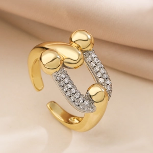 Minimalist gold and silver two-tone open ring with sparkling pavé zircon geometric design