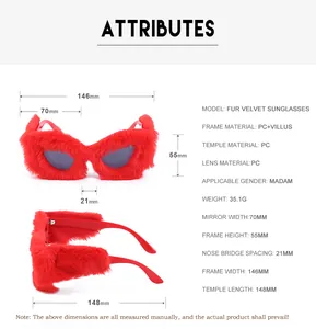 Detailed size chart and specifications for plush cat-eye sunglasses with velvet frames