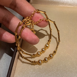 Retro Bamboo Joint Bracelet 18K Real Gold Plated Copper With Zircon Hollow Beads Adjustable For Women