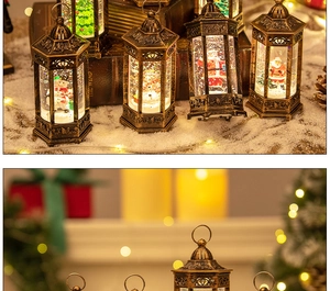 Close-up of vintage bronze Christmas lantern with sparkling snowflakes and Santa figure