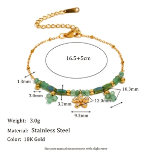 Bracciale a fiore in acciaio inossidabile placcato oro 18K con perline verdi e peso 3,0g