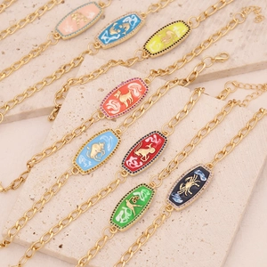 Twelve Zodiac Constellation Enamel Pendant Bracelets Copper Zircon Micro Pave Celestial Jewelry Gifts For Her