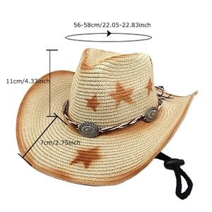 Western star straw cowboy hat with gradient print, leather band and adjustable chin strap