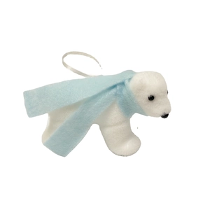 White flocked polar bear Christmas ornament with light blue scarf and hanging string
