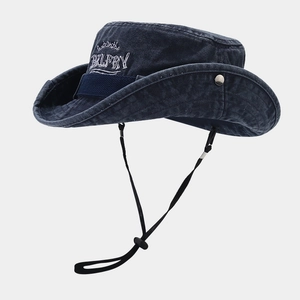 Dark blue washed denim wide brim sun hat with adjustable wind strap and white embroidery