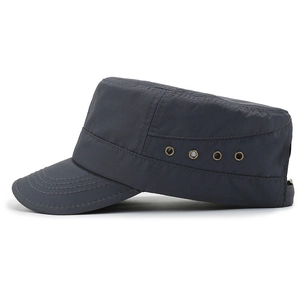 Side view of a grey cadet cap showing metal eyelets and reinforced brim stitching
