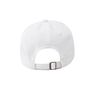 Detail of white cotton baseball cap showing back metal buckle and adjustable strap