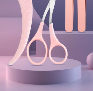 Pink eyebrow grooming set featuring sharp metal scissors and tweezers for beginners