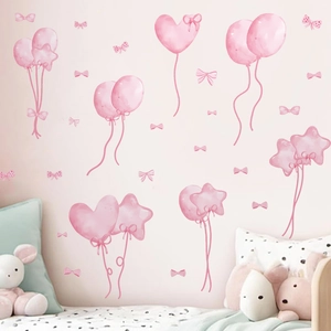 Pink watercolor balloon and bow wall decals for kids room nursery wall decoration