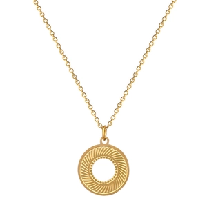 Minimalist gold titanium steel necklace featuring a rotating spiral textured circular pendant