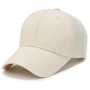 Beige mesh baseball cap with canvas front and breathable back panels in 45-degree side view