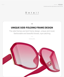 Detail view of red fashion sunglasses featuring a unique side-folding frame design structure