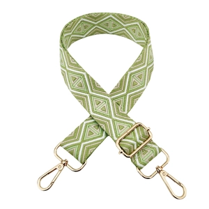 Detail of green diamond weave bag strap with adjustable gold hardware and buckles