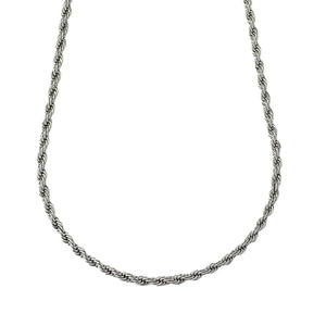 Unisex silver twisted rope chain necklace with polished metallic finish on white background