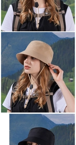Detail of laser-perforated breathable mesh and adjustable chin strap on khaki bucket hat
