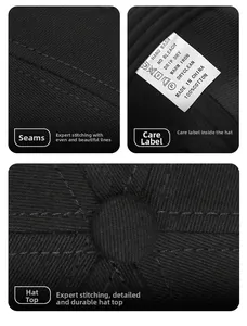 Dettaglio macro delle cuciture e dell'etichetta 100% cotone sul cappellino da baseball nero