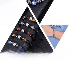 Detail view of 10mm natural gemstone bracelets with English product features and benefits