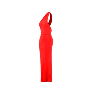 Detail of red one-shoulder dress showing backless cut and side silhouette with ruched fabric