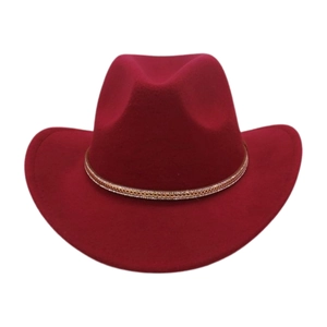 Close-up of wine red felt cowboy hat with gold chain and rhinestone hat band detail