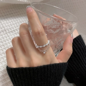 Double layer silver star ring with zircon pave and dangling chain pendant for women