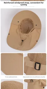 Detail view of khaki sun hat with 11cm wide brim, windproof rope and mesh vents