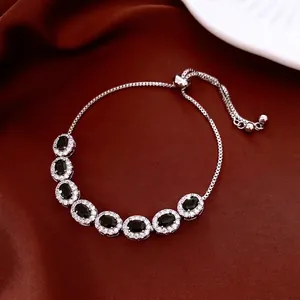 Elegant Oval Zircon Halo Adjustable Bolo Bracelet Copper Jewelry Minimalist Luxury Gift For Women