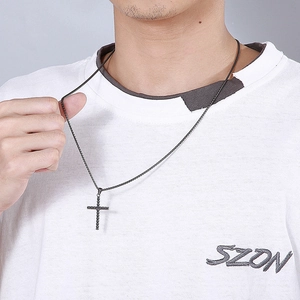 Men's street style black titanium cross pendant necklace with sandblasted matte finish