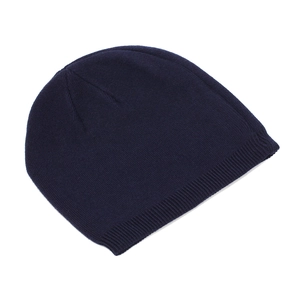 Close-up of navy blue knit beanie showing fine ribbed texture and double-layered cuff detail