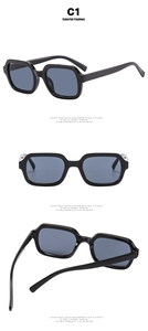 Drei-Ansichten-Display einer schwarzen rechteckigen Sonnenbrille mit grauen Gläsern
