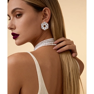 Elegant multi-layer pearl necklace and crystal stud earrings set for women in silver finish
