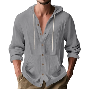 Men's loose linen hooded long sleeve shirt in grey with kangaroo pocket and drawstring