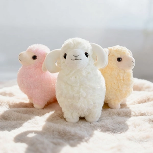 Three cute stuffed sheep plush dolls in pink cream and yellow colors for kids gift