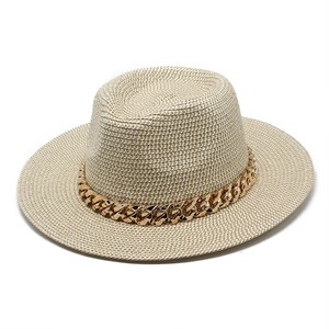 Beige straw fedora hat with luxury thick gold chain band for sun protection