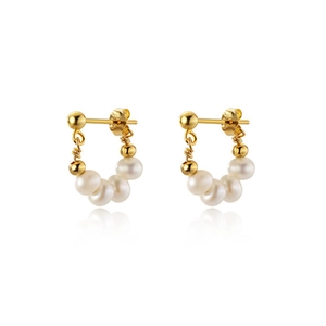 Elegant gold U-shaped drop earrings featuring five white pearls in a minimalist design