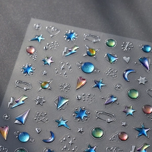Adesivi per unghie 3D celestiali con stelle laser e motivi geometrici metallici