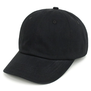 Detailed top view of black cotton baseball cap with six-panel structure and curved brim