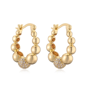 Gold plated geometric bead earrings with cubic zirconia inlay on white background