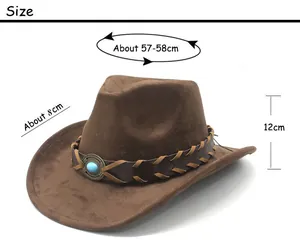 Size details of brown suede fedora featuring a braided leather band and turquoise stone