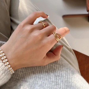 925 sterling silver geometric gold rings and pearl bracelet set for women's jewelry