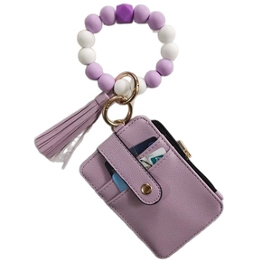 Purple silicone bead wristlet keychain set with matching tassel and PU leather card holder