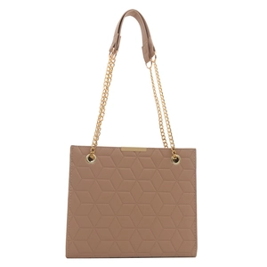 Quilted tote bag with geometric pattern and golden chain shoulder strap in khaki