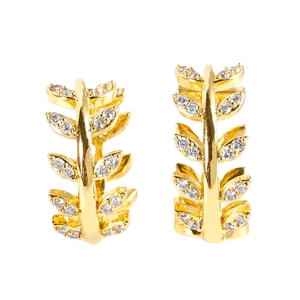 Elegant gold leaf earrings with micro-pave cubic zirconia in a half-hoop C-shape design