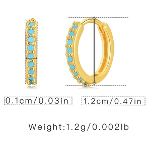 Detailed dimensions of 18K gold hoop earrings with turquoise inlays and weight specs