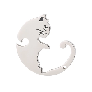 Cute interlocking cat pendant in silver stainless steel, polished metal finish for couples