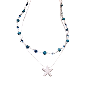 Collier double rang avec pendentif étoile de mer et perles bleues pour la plage